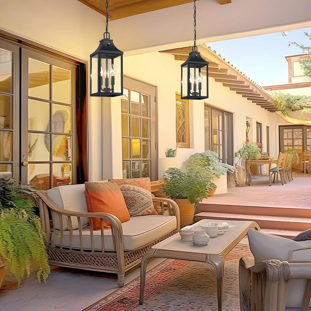 Large Outdoor Pendant Light Fixtures 3-Light, 15'' Dusk to Dawn Exterior Hanging Lantern Porch Light Adjustable