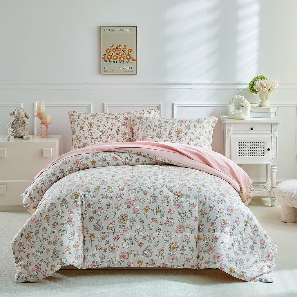 Floral Twin Comforter Set,5 Pieces Twin Bedding Set for Girls,Twin Bed in a Bag, All Season Kids Sheet Set with