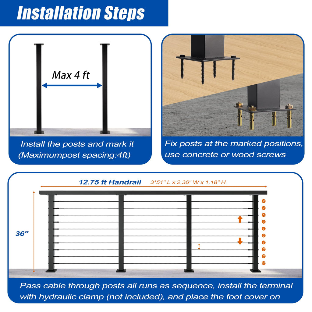12-20 FT Black Cable Railing Post Kit with Handrail, 4 Pack 36" Level Posts