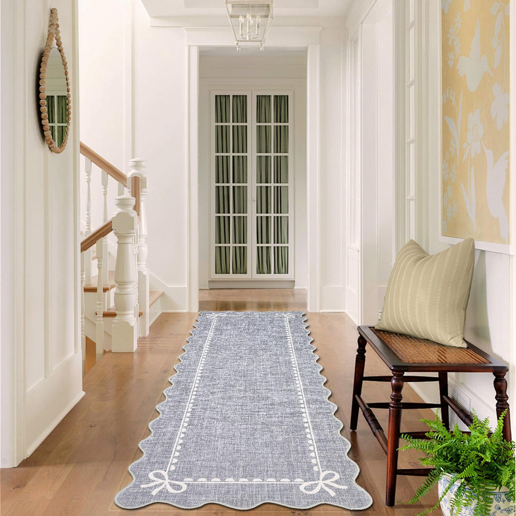 Scalloped Hallway Runner Rug 2.5x10 Non Slip Bedroom Rugs, Grey