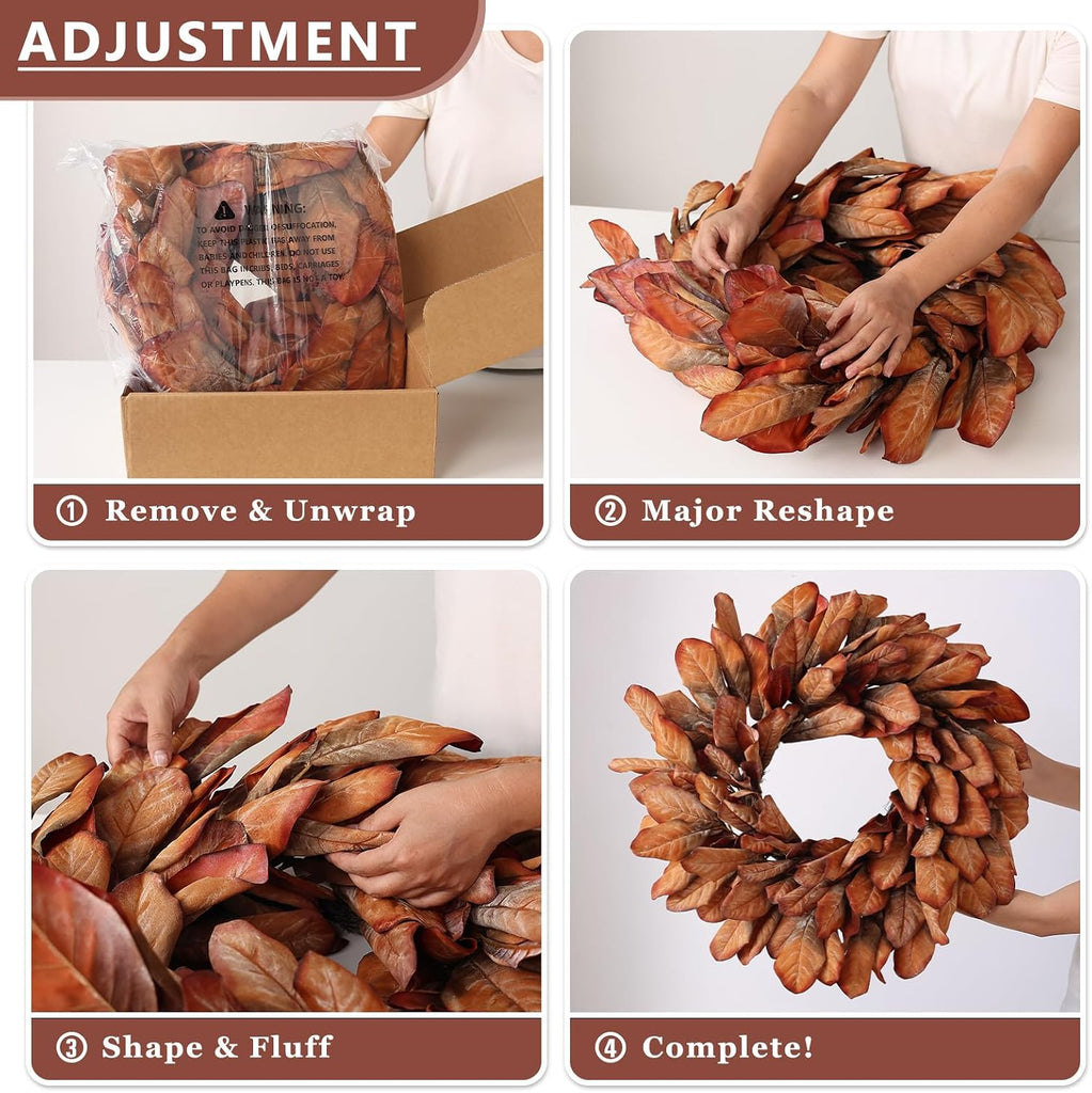 26" Artificial Fall Magnolia Leaf Wreath for Front Door Decoration (Orange)