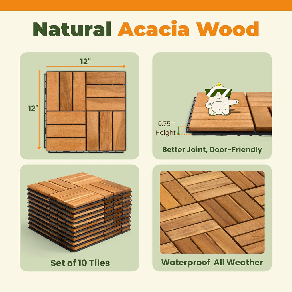 Premium Deck Tiles, 10 PCS 12x12 Outdoor Patio Floor Tiles, Waterproof Wood Flooring Tiles, Snap Tiles for Patio