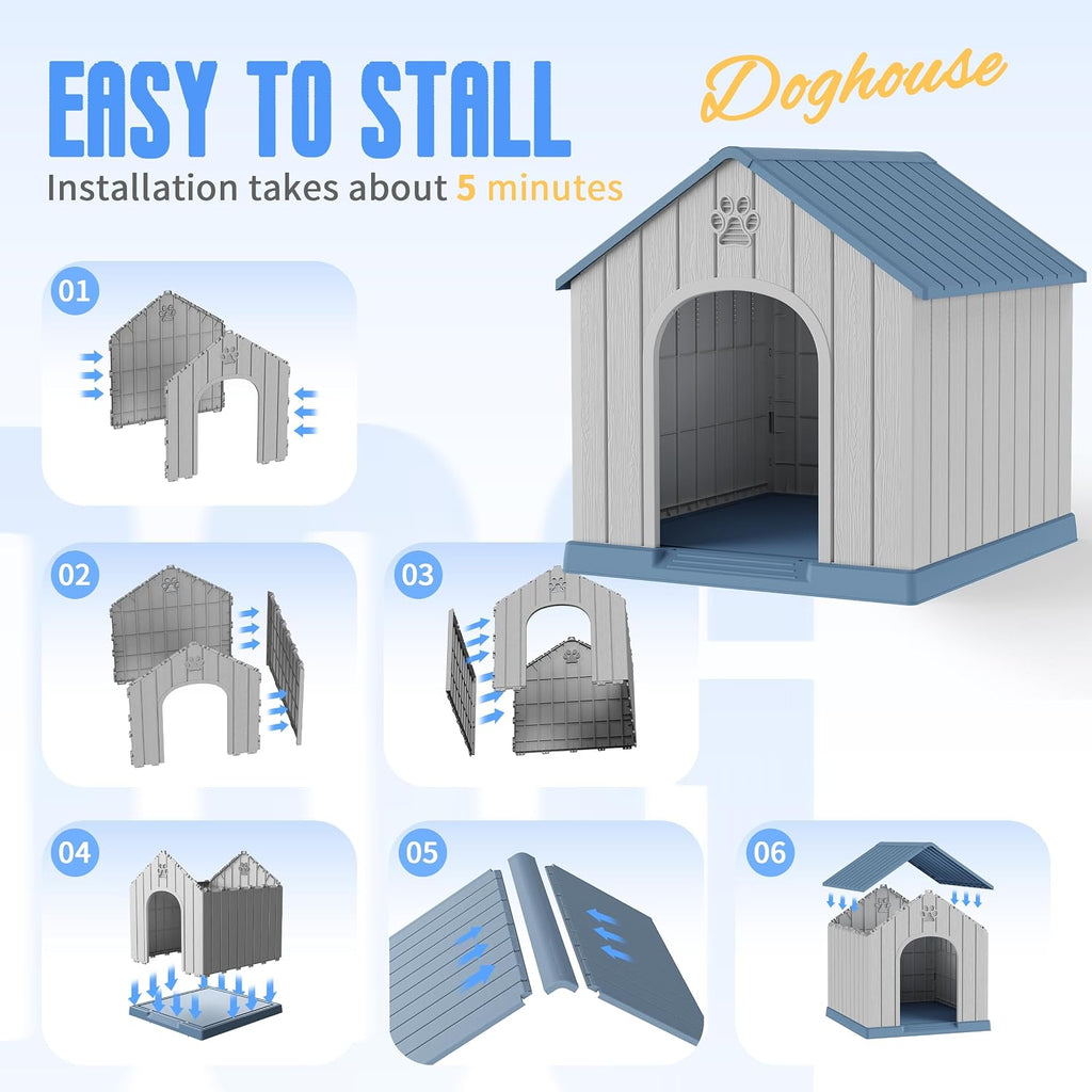 Large Dog House Indoor Outdoor, Blue, 38.62×36.26×38.07