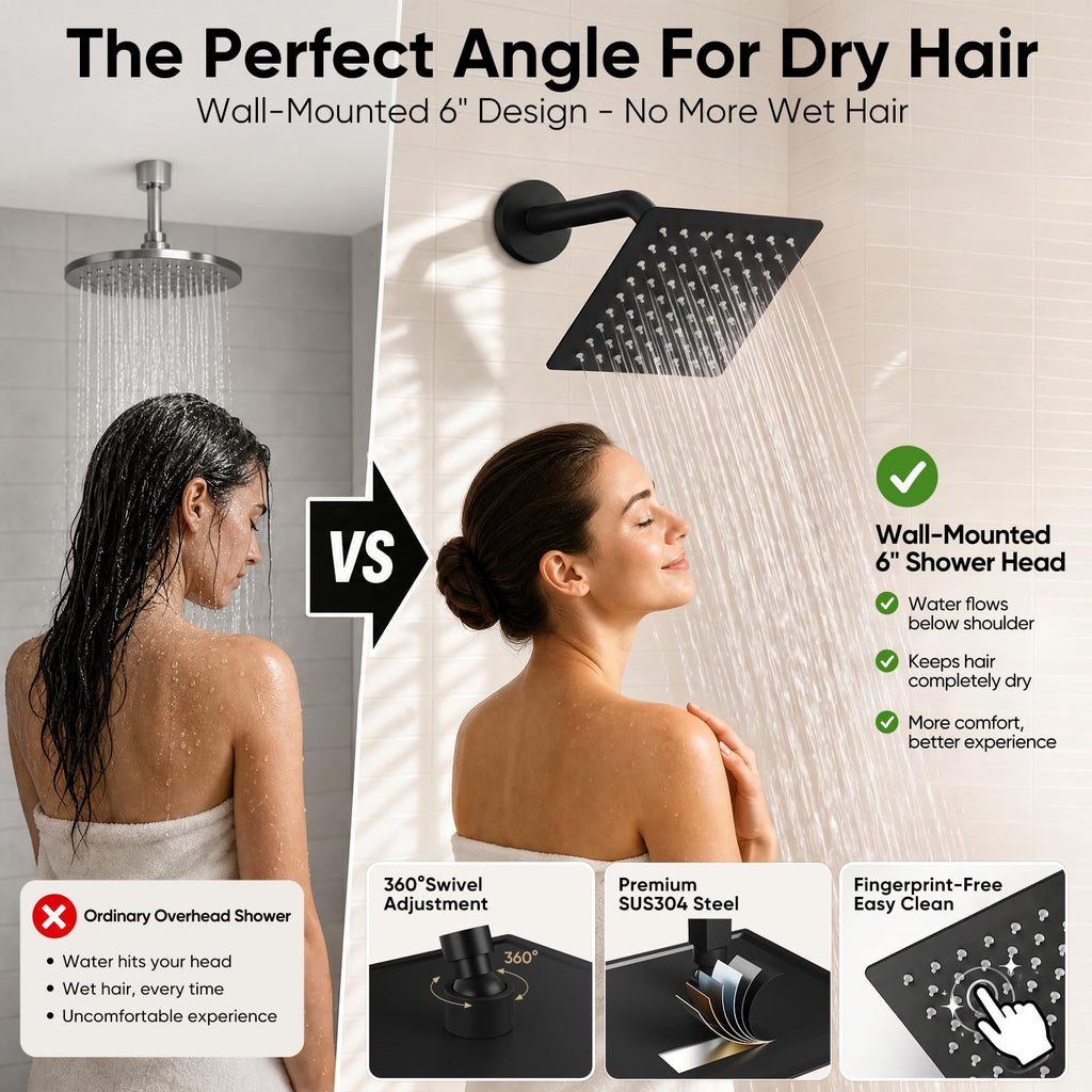 Shower Faucet Set, 10" & 6" Dual Rainfall Shower Heads with Ceiling & Wall Mount, Matte Black Shower System with