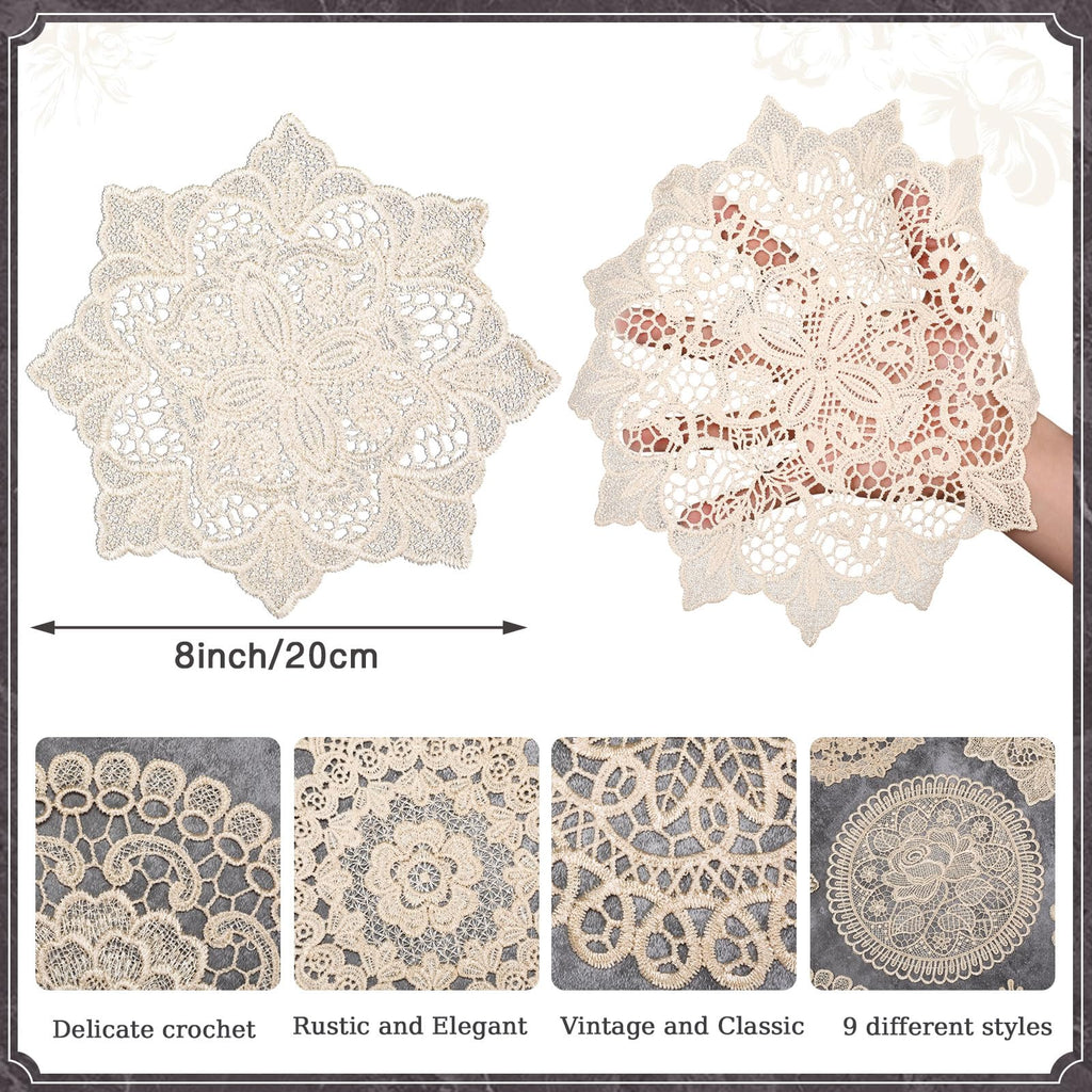 18 Pcs 8 Inch Lace Doilies for Tables, Beige Crochet Lace Placemat
