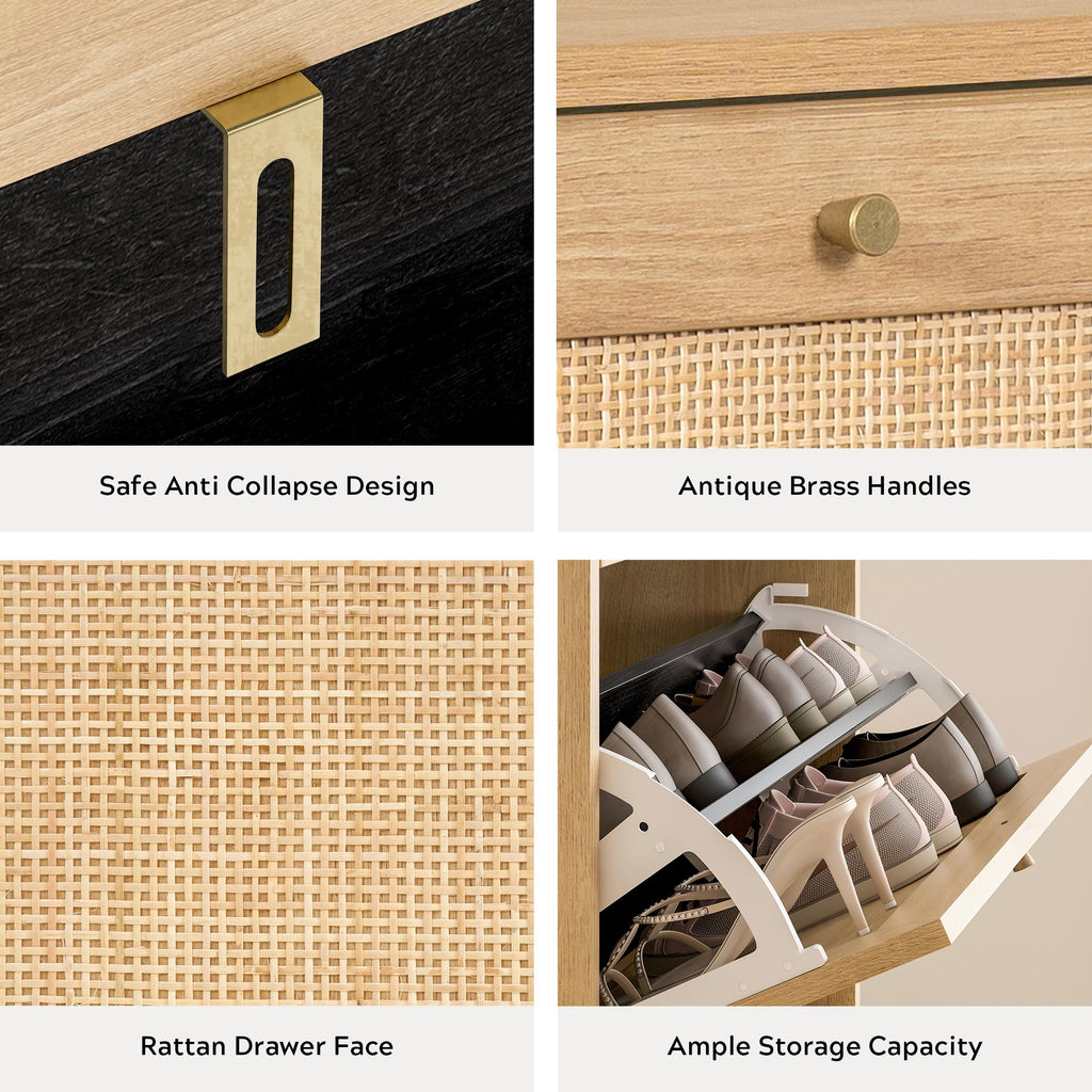 Rattan Shoe Cabinet Narrow Shoe Storage Cabinet with 3 Flip Drawers Hidden Freestanding Shoe Rack Organizer with Wood