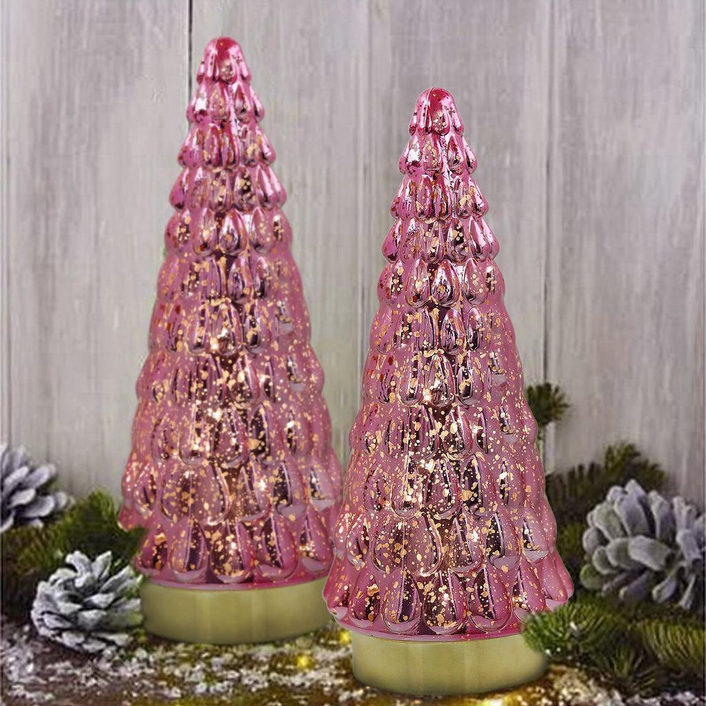 Pink Glass Christmas Tree 2pcs, Tabletop Mercury Christmas Tree with Light, Battery Operated Small Xmas Tree for