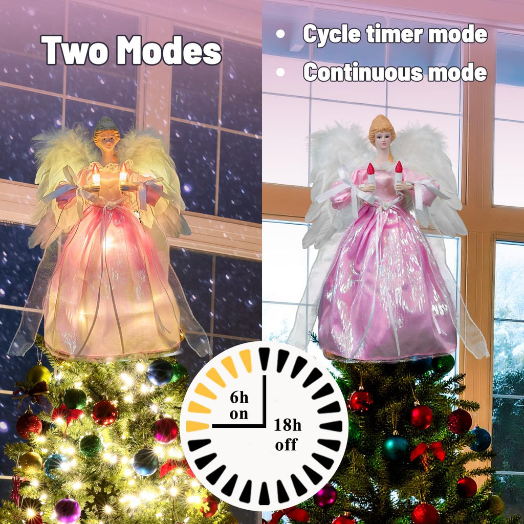 Moving Angel Tree Topper with Lights, 12'' Pink, Separately Controlled Flapping Wings and Bright LEDs, 6 On / 18 Off