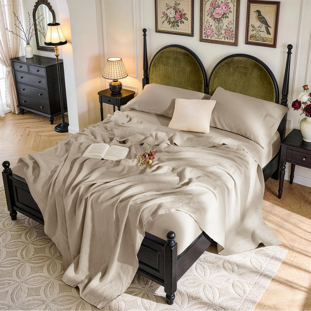 100% French Pure Linen Queen Sheets, Breathable and Durable Linen Bed Sheets, Anti-Tear, Machine Washable, 16 Inch