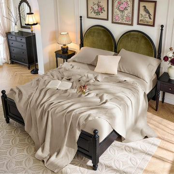 100% French Pure Linen Queen Sheets, Breathable and Durable Linen Bed Sheets, Anti-Tear, Machine Washable, 16 Inch