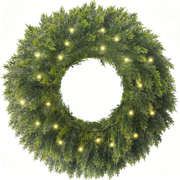 26 Inch Lighted Real Touch Christmas Cedar Wreath for Front Door | Artificial Greenery Foldable Wreath with Lights