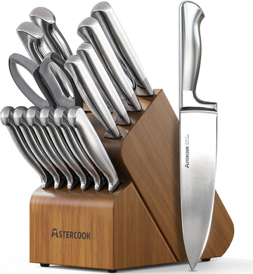 Knife Set 15 Piece German Steel Kitchen Knife Block Set | Wooden Block with Built-in Sharpener, One-Piece Design