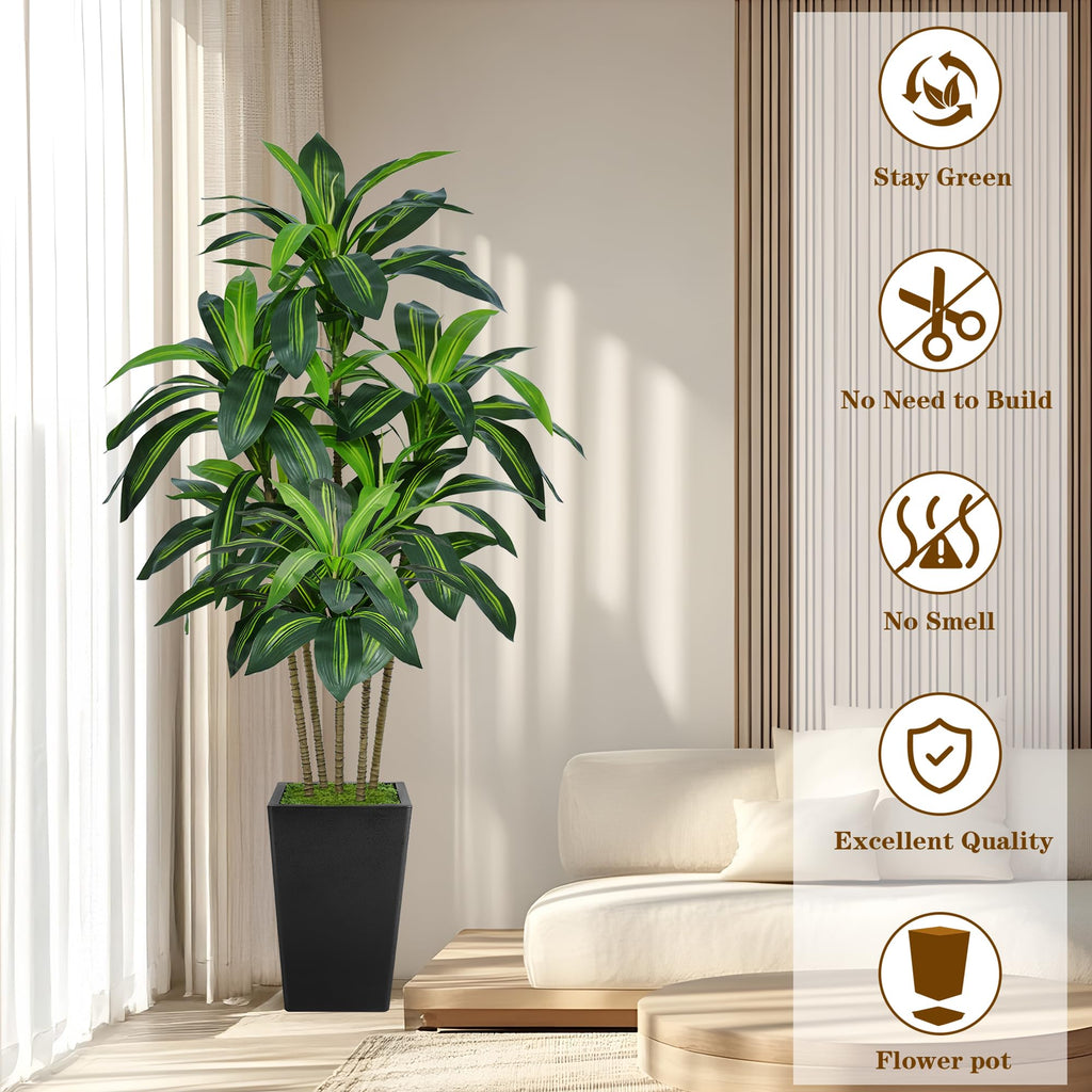 6FT Artificial Dracaena Tree with Tall Black Planter, Floor Plant