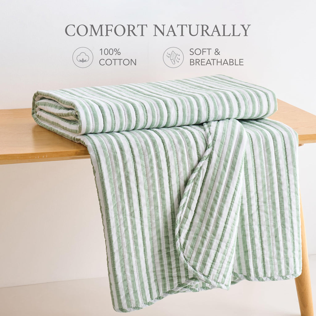 Martha Stripe Sage Quilted Reversible Throw (50x60in) - Stripe Bedding - Sage, White - Cotton Throw - Scalloped Edge