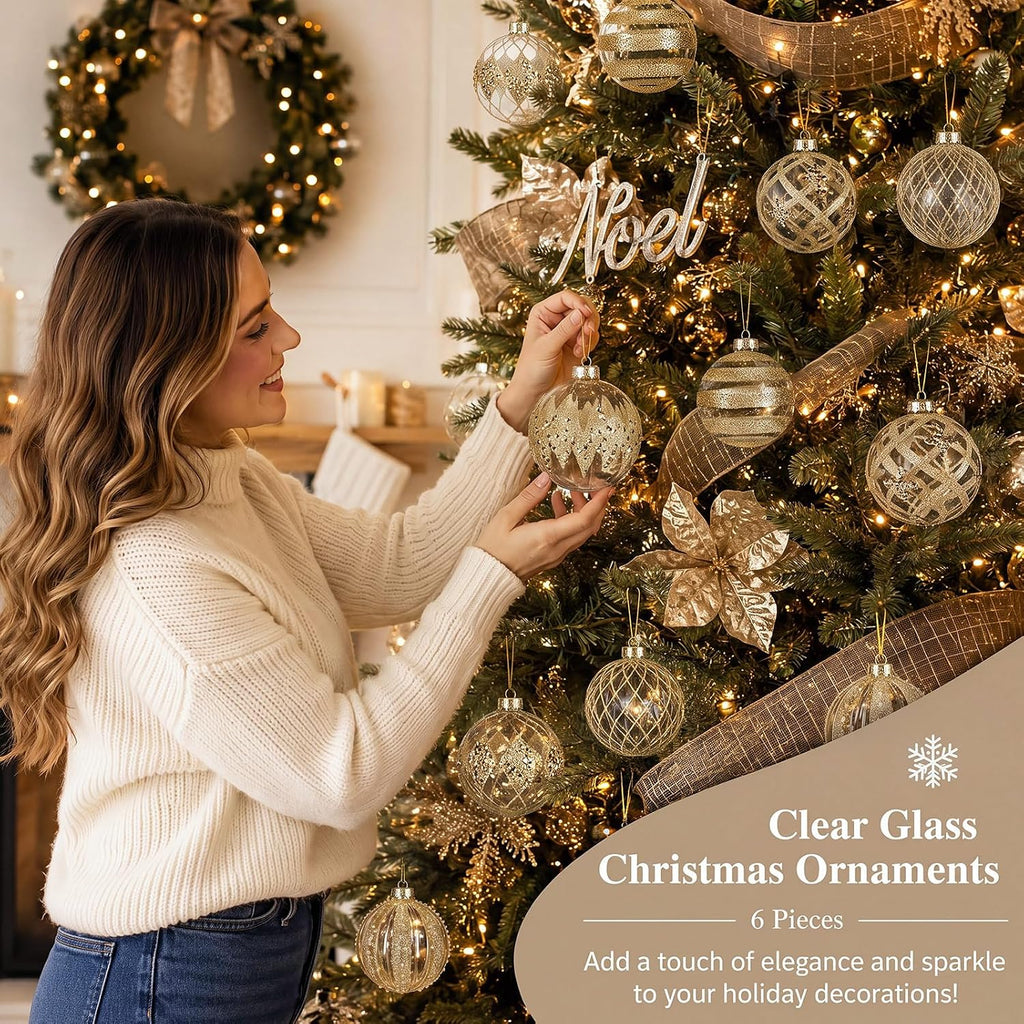 Glass Champagne Christmas Ball Ornaments, 3.15in Glitter Tree Decor - Set of 6