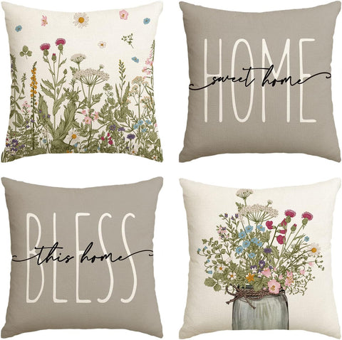 Spring Wildflowers Home Sweet Home Throw Pillow Covers, 18x18 Inch Seasonal Cushion Case Decoration