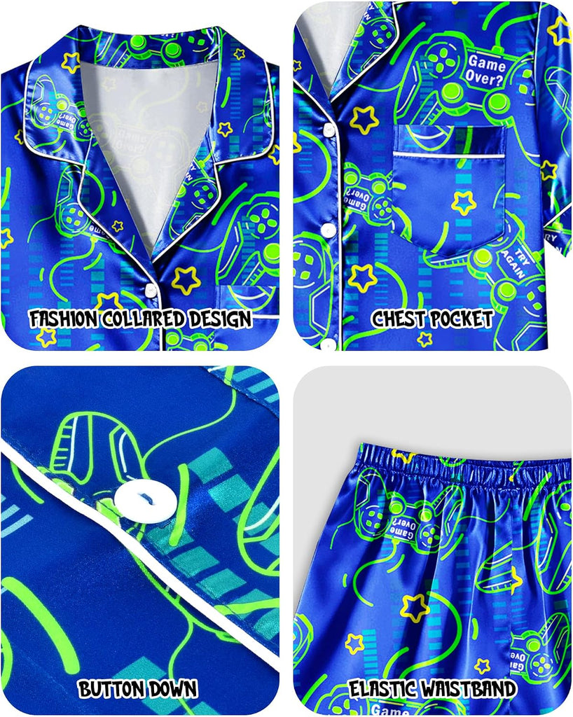 Boys Pajamas Big Boys Satin PJS Set Summer Short Sleeve Button Down Kids Silky Pajama Lounge Sleepwear