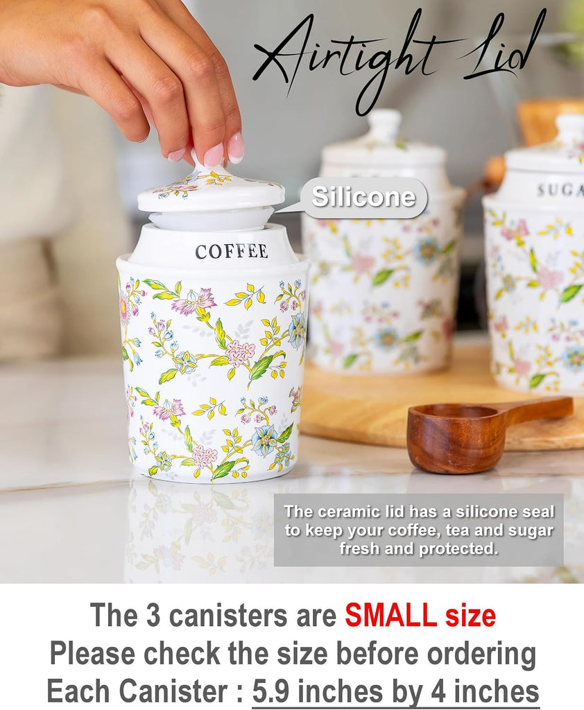 Small Coffee Tea Sugar Canister Set with Airtight Lids - Elegant Flower Kitchen Canisters Pantry Jars - Set of 3