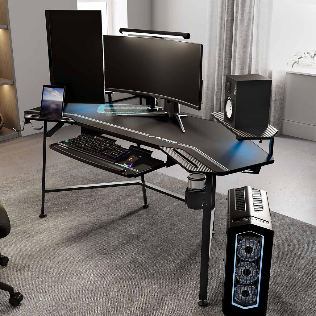 Gaming Desk Wing Shaped Keyboard Tray 72 Inch Black | LED monitor stand with dual headphone hooks and cup holder