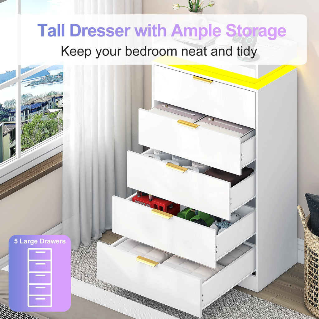 Tall Dresser, White Dresser with LED Lights, Wood 5 Drawer Chest with Power Outlet, Modern Chest of Drawers