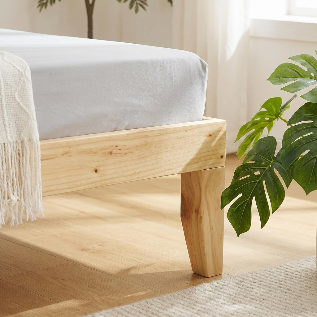 King Size Japanese Natural Pine Wood Bed Frame, Mid-Century 12 inch H Low Platform Beds, 8.5 inch Under Bed Storage