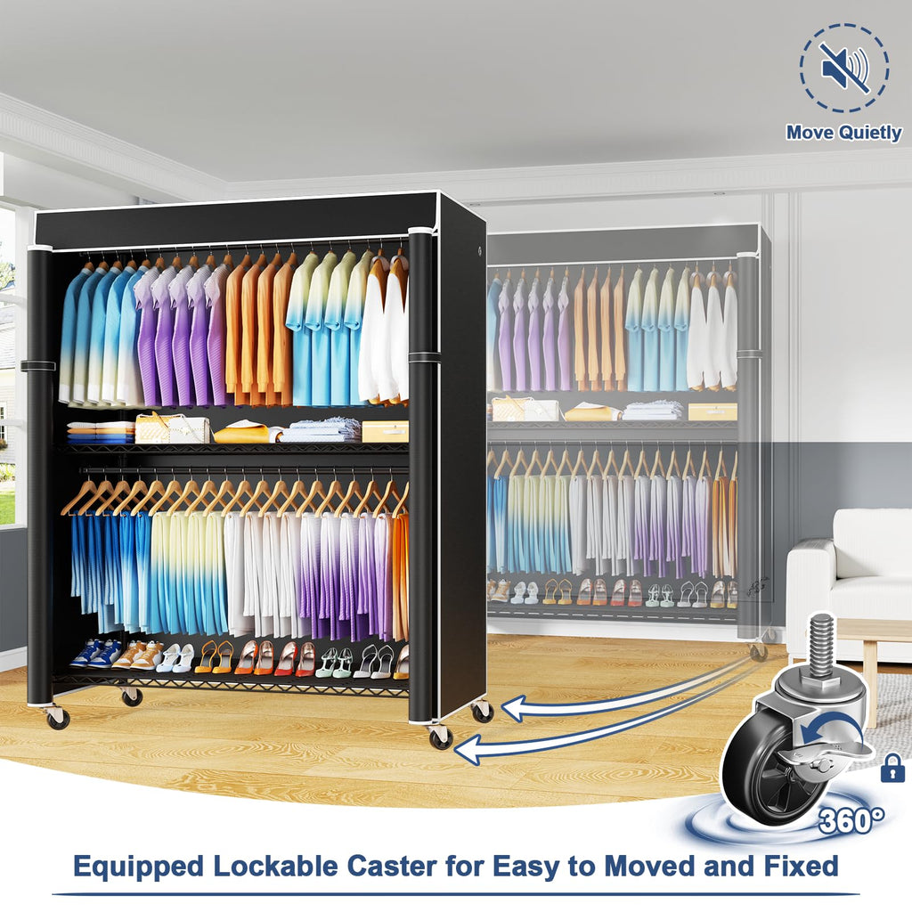 P8C Max Heavy Duty Clothes Rack(With Extended Width Design) Rolling Clothing Racks for Hanging Clothes with Lockable