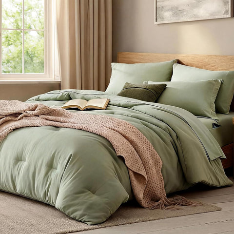Queen Comforter Set - 7 Pieces Sage Green Soft Bed in a Bag Queen with Fitted Sheet, Flat Sheet, 2 Pillow Shams