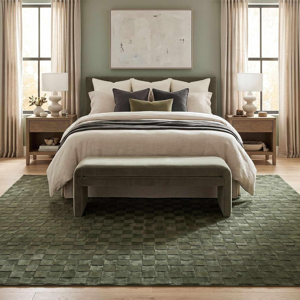 Renoir Living Room, Bedroom Machine Washable Area Rug - Checkered Geometric Square Tile - Olive Green, Sage Green