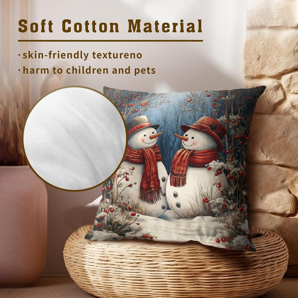 Winter Snowman Pillow Covers, Xmas Tree Red Berry Cotton Pillowcases 18x18 Inch, Snow Scene Double Sided - Set of 2