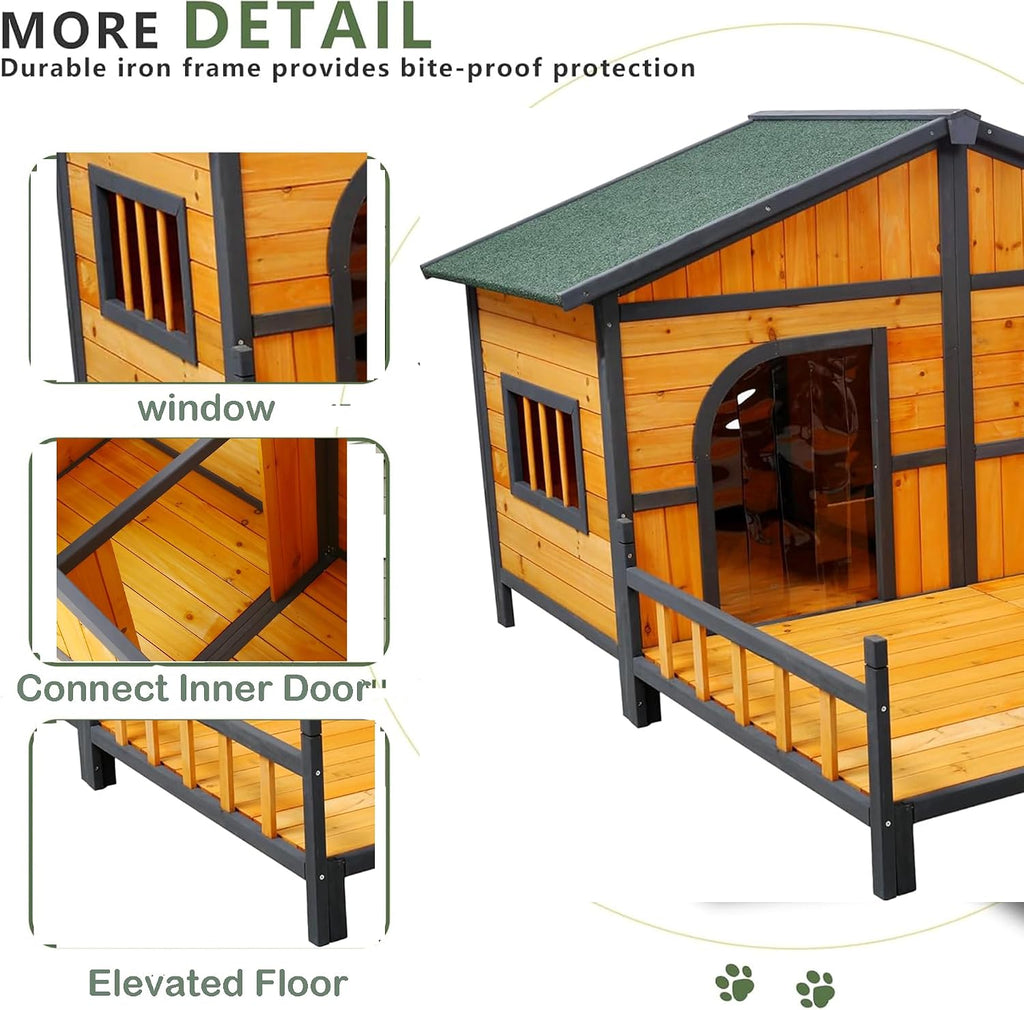 Double Dog House for 2 Dogs, Weatherproof Outdoor Wooden Dog House