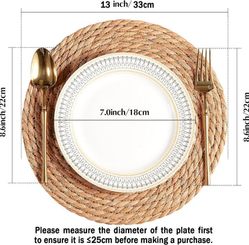 Handmade Heat Resistant 13" Round Woven Placemats Set of 8, Wicker Boho No Chemical Natural Water Hyacinth Place