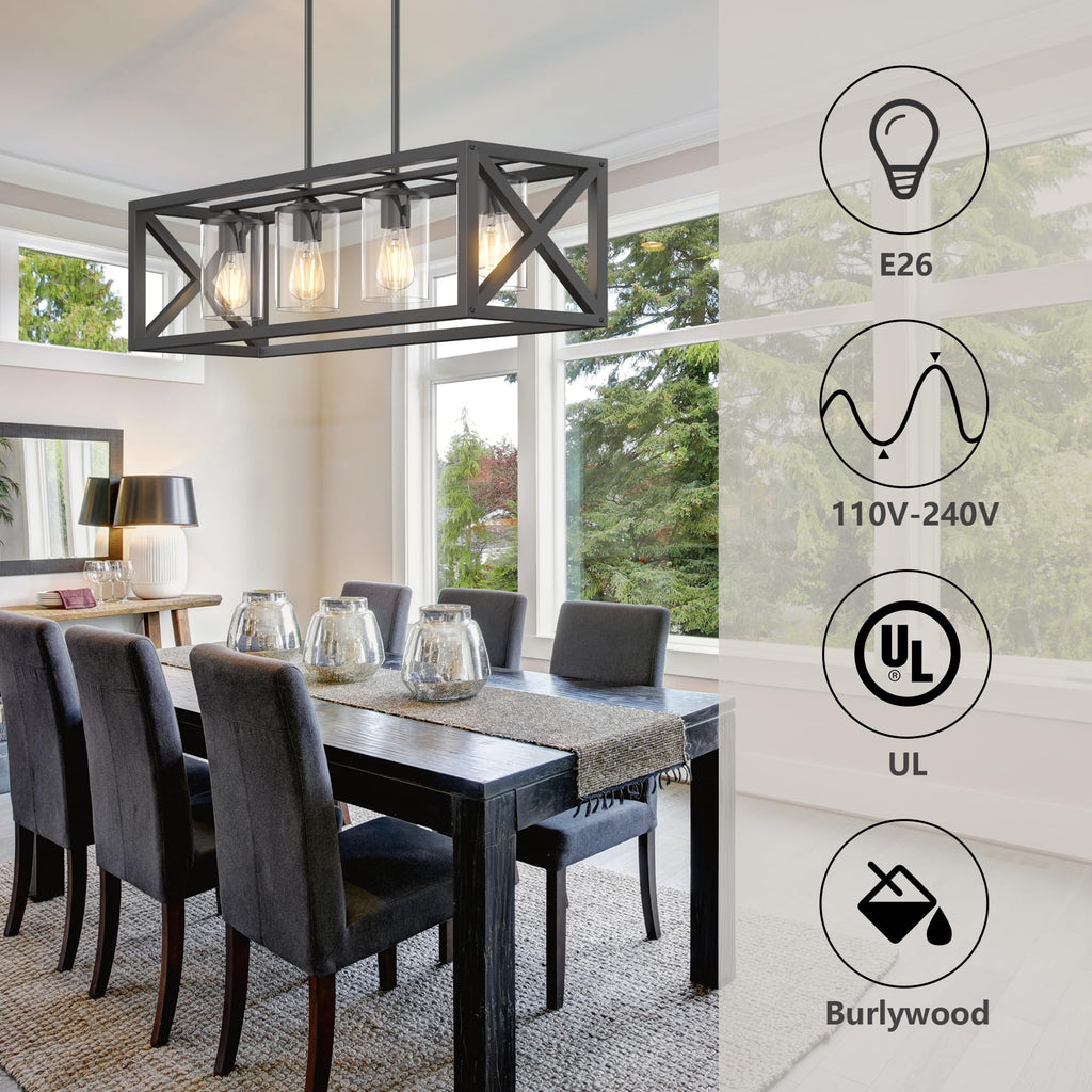 Farmhouse Dining Room Light Fixture - 4 Light Kitchen Island Lighting with Adjustable Height & Thickened Metal Dining