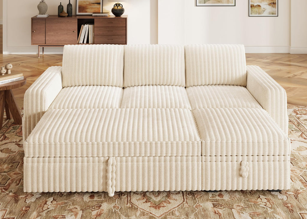 Corduroy Sectional Sleeper Sofa with Pull Out Bed & Storage, Beige