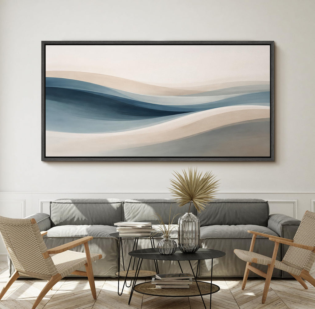 Extra Large Framed Canvas Print Wall Art Blue and Beige Abstract Wave Modern Neutral Illustrations Modern Art