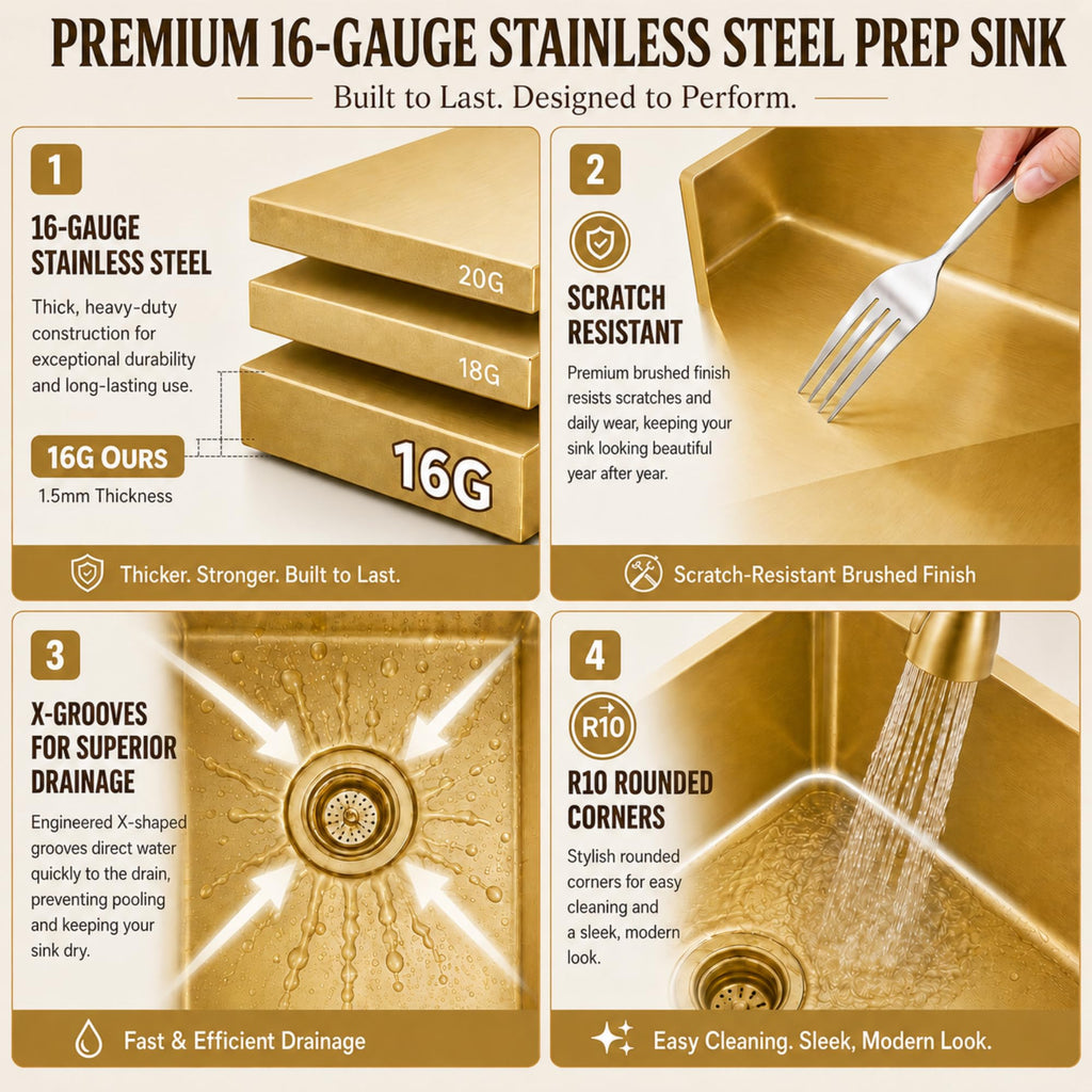 Gold Bar Sink Undermount, 18 inch Bar & Prep Sink with Workstation