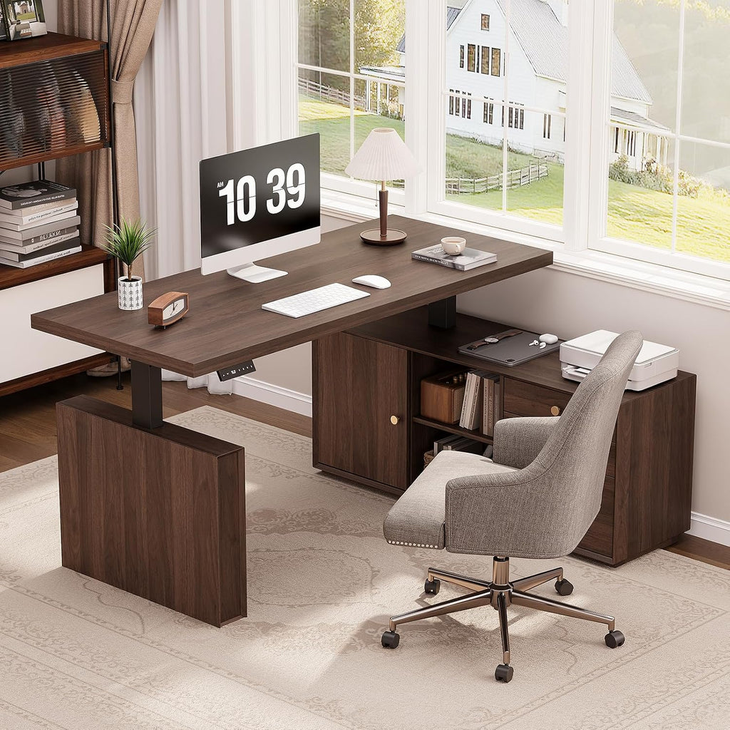 55" L Shaped Standing Desk w/File Cabinet, Sit Up Desk, Walnut | Electric Corner Desk with Drawers & Height