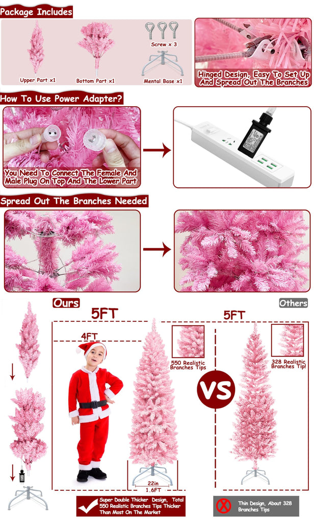 5 Ft Prelit Pink Pencil Christmas Tree with 180 Warm White LED Lights