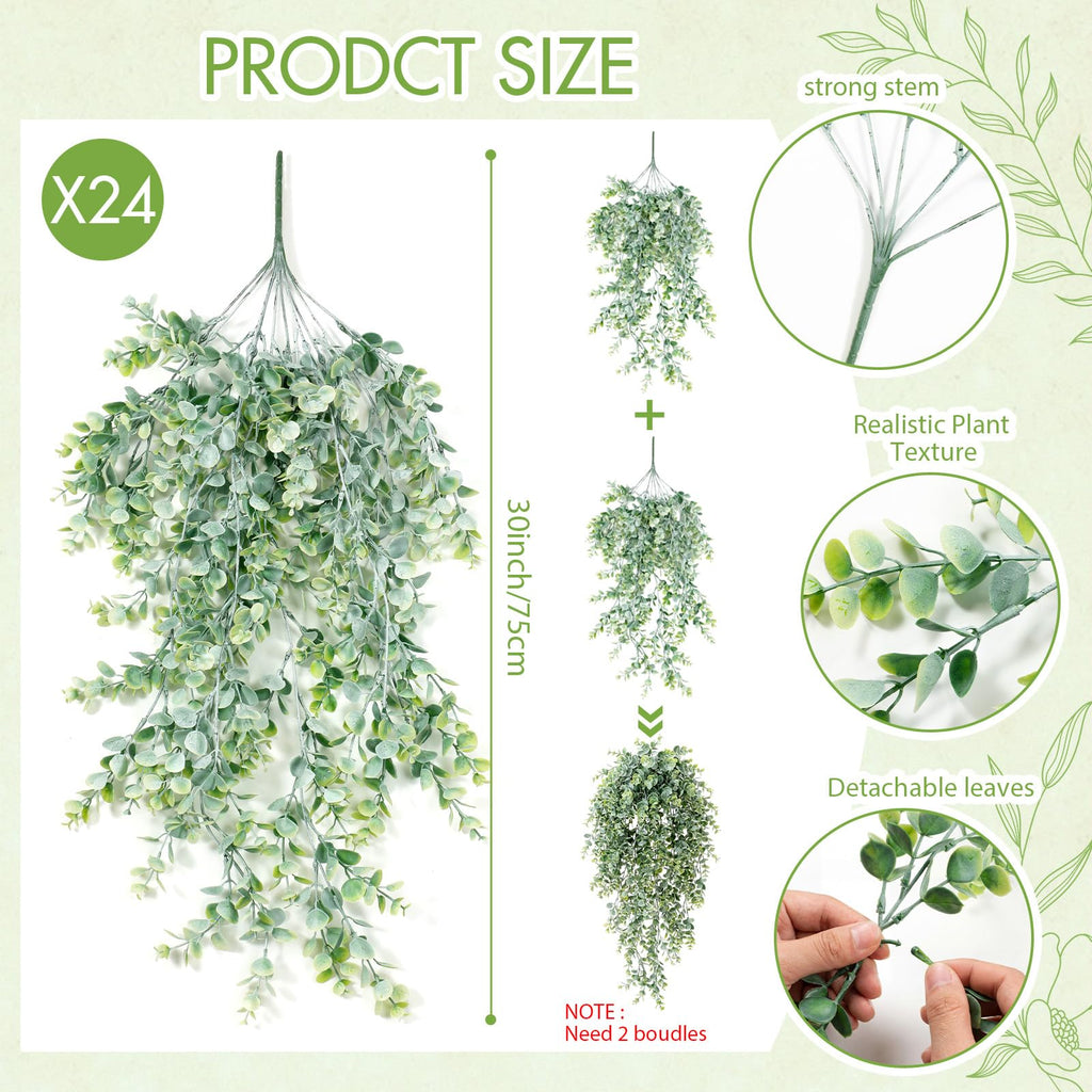 24 Pack Artificial Hanging Eucalyptus Plants, Fake Greenery Eucalyptus Leaves, Boho Ivy Plant Decor for Wedding