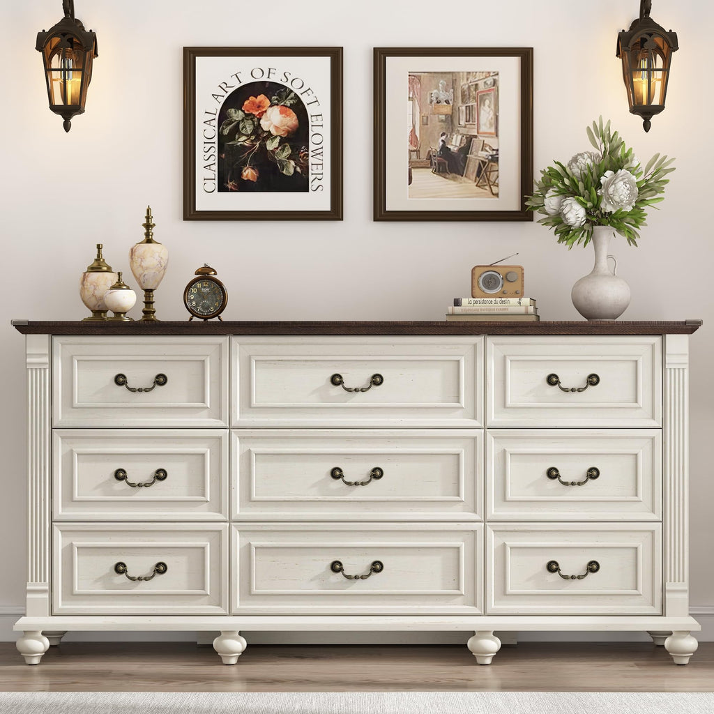 Farmhouse 9 Drawer Dresser with 6 Gourd Feet and Roman Column Decor, 63in Wide Wood Country Rustic Chest of Drawers