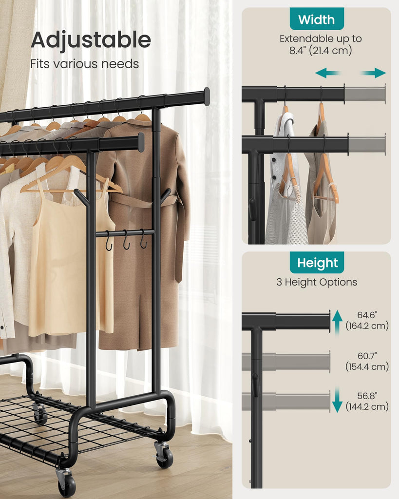 Clothes Rack, Heavy-Duty Rolling Garment Rack with Shelf