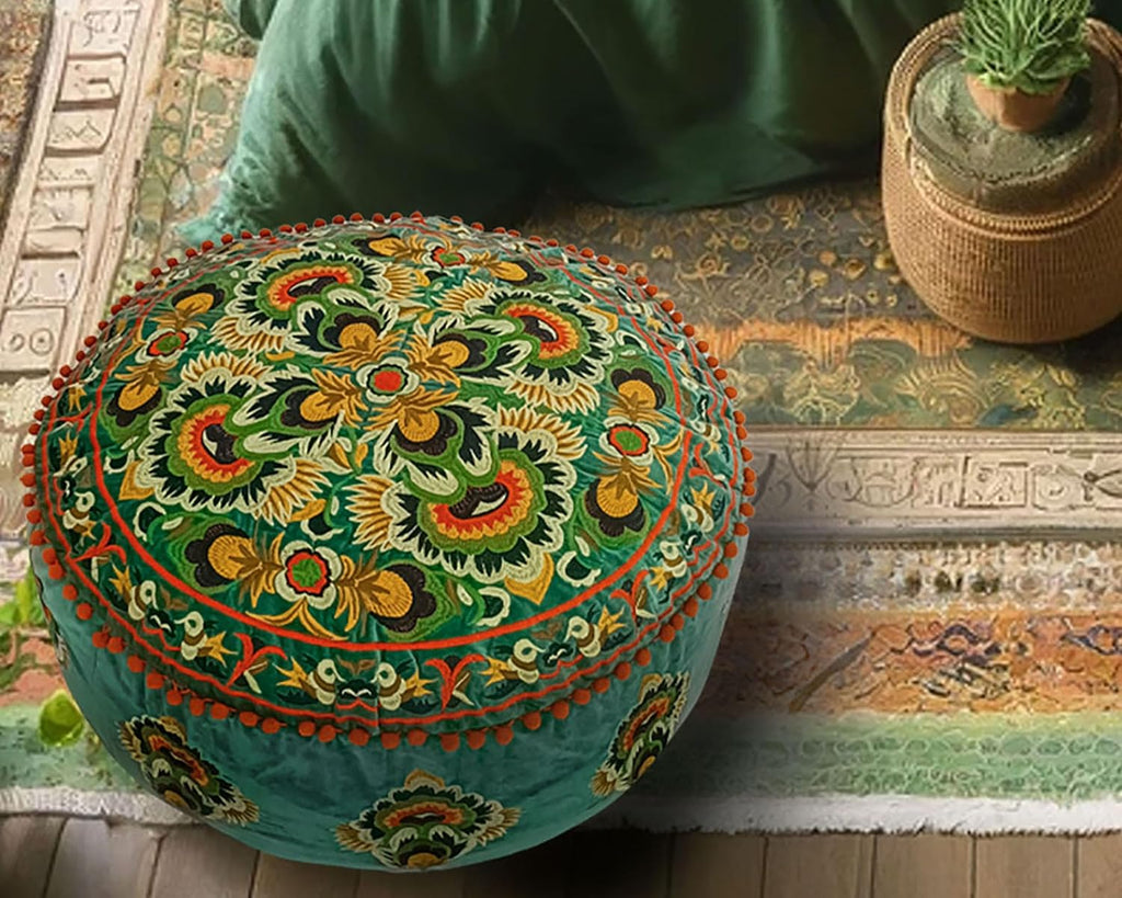 Green Round Velvet Pouf Cover - Soft Embroidered Ottoman Slipcover with Moroccan Design, 24 Inch Diameter, Ideal , or