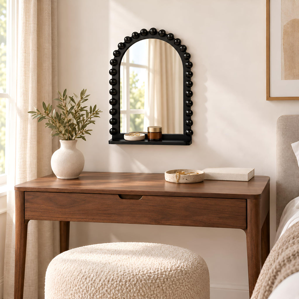 Arched Wall Mirror with Shelf, 12x16 Inch Wooden Bead Bathroom Mirror, Decorative Hanging Vanity Mirror, Black