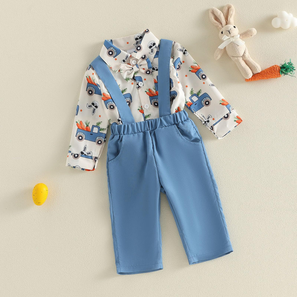 Toddler Boy Easter Outfit Truck Bunny Carrot Gentleman Shirt Overalls Pants Set Baby Boys Spring Summer Clothes (C