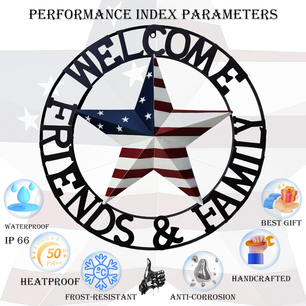22" Patriotic Metal Barn Star Welcome Sign Wall Sculptures, American Flag Design Outside Wall Decor, Metal Star for