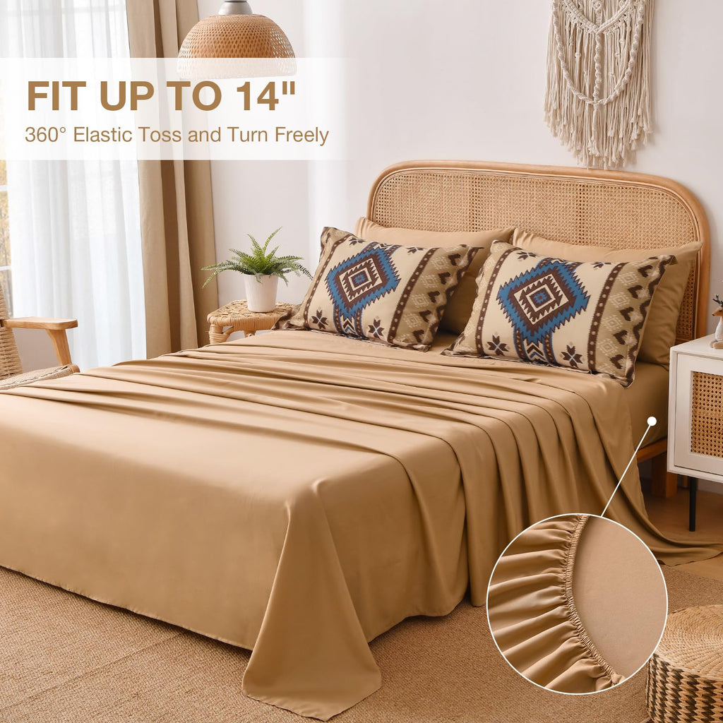 Queen Size Brown Comforter Set, 7 Pieces Boho Aztec Bed in a Bag, All-Season Bedding Set with Sheets & Pillow Shams