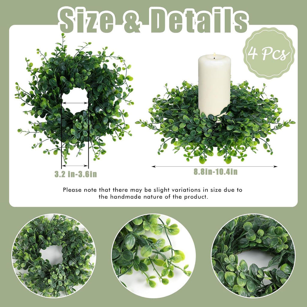 Mini Green Boxwood Candle Rings Wreaths Spring Summer Kitchen Cabinet Swags Wreath 3 Inch Wedding Rings Wreaths - Set of 4