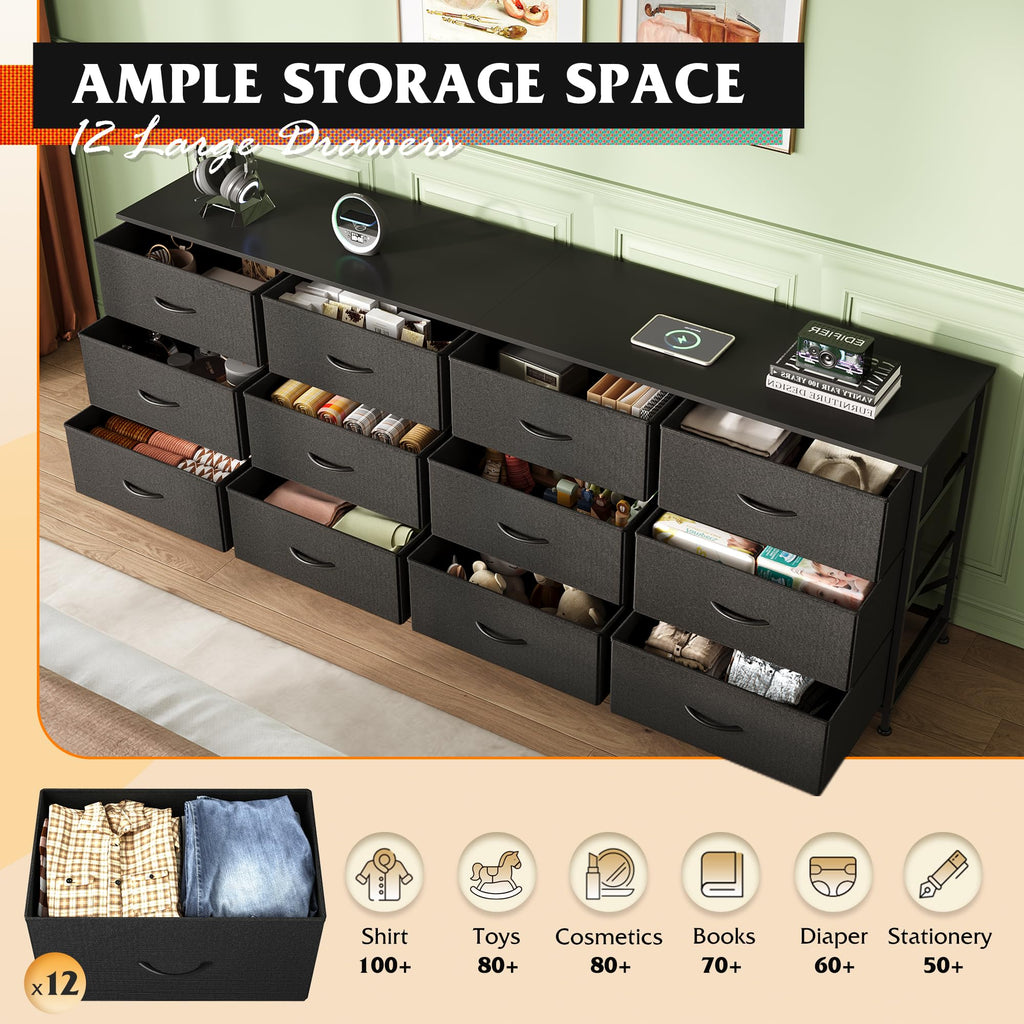 Long Dresser TV Stand for 85 Inch TV, 12 Drawer Dresser, Black