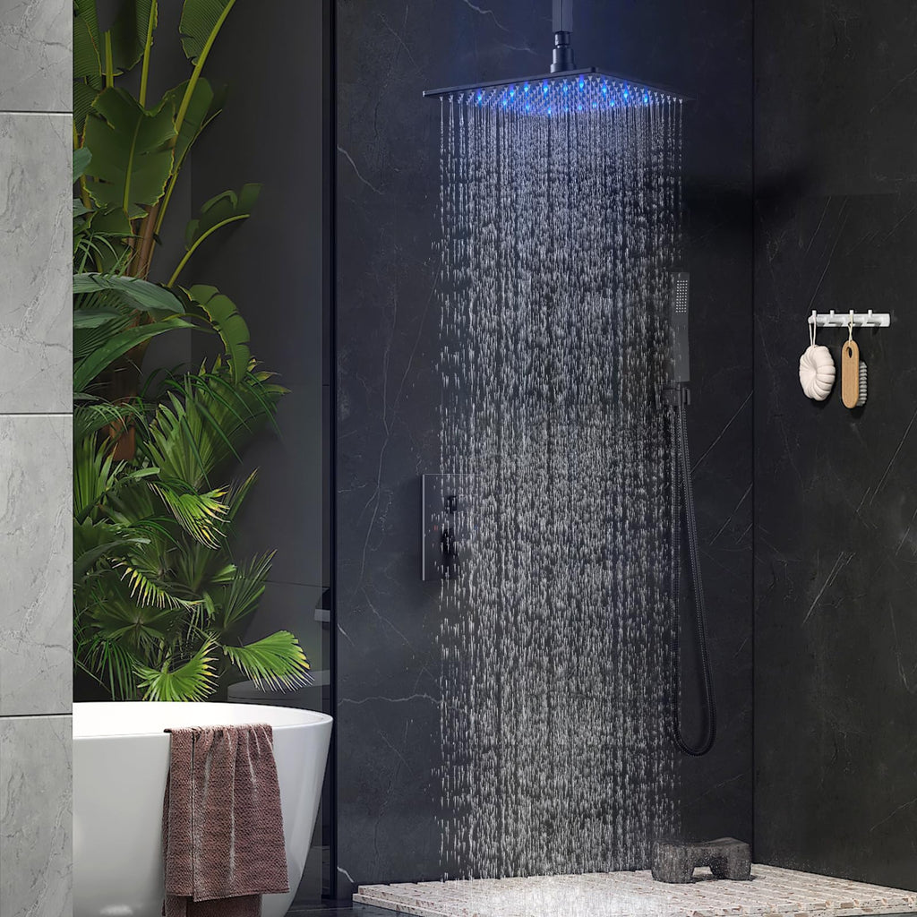 Ceiling Shower Faucet Set with Handheld 16" LED Head Matte Black