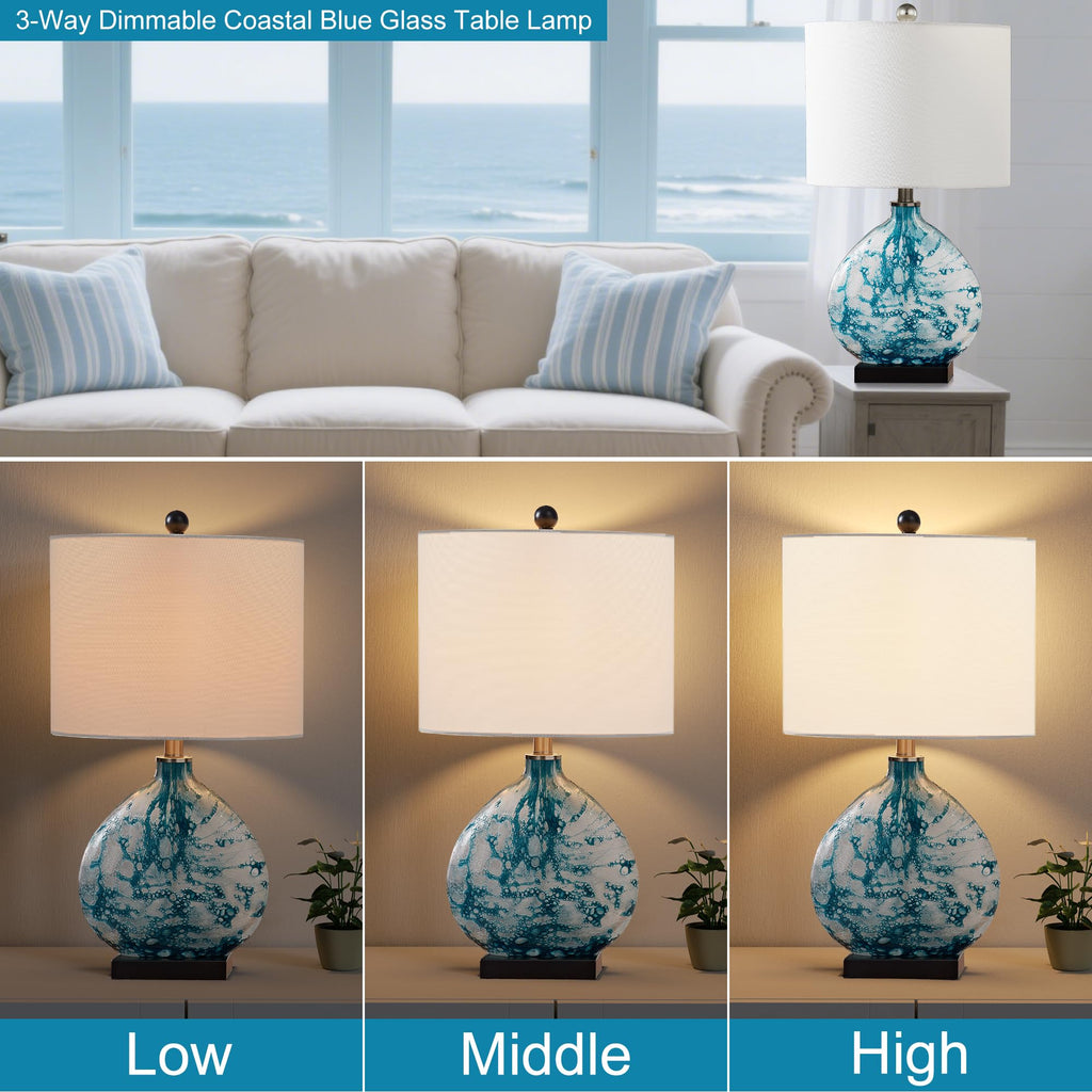 24" Coastal Glass Table Lamp, 3-Way Dimmable Blue Glass Bedside Lamp with White Drum Shade Bedroom Nightstand