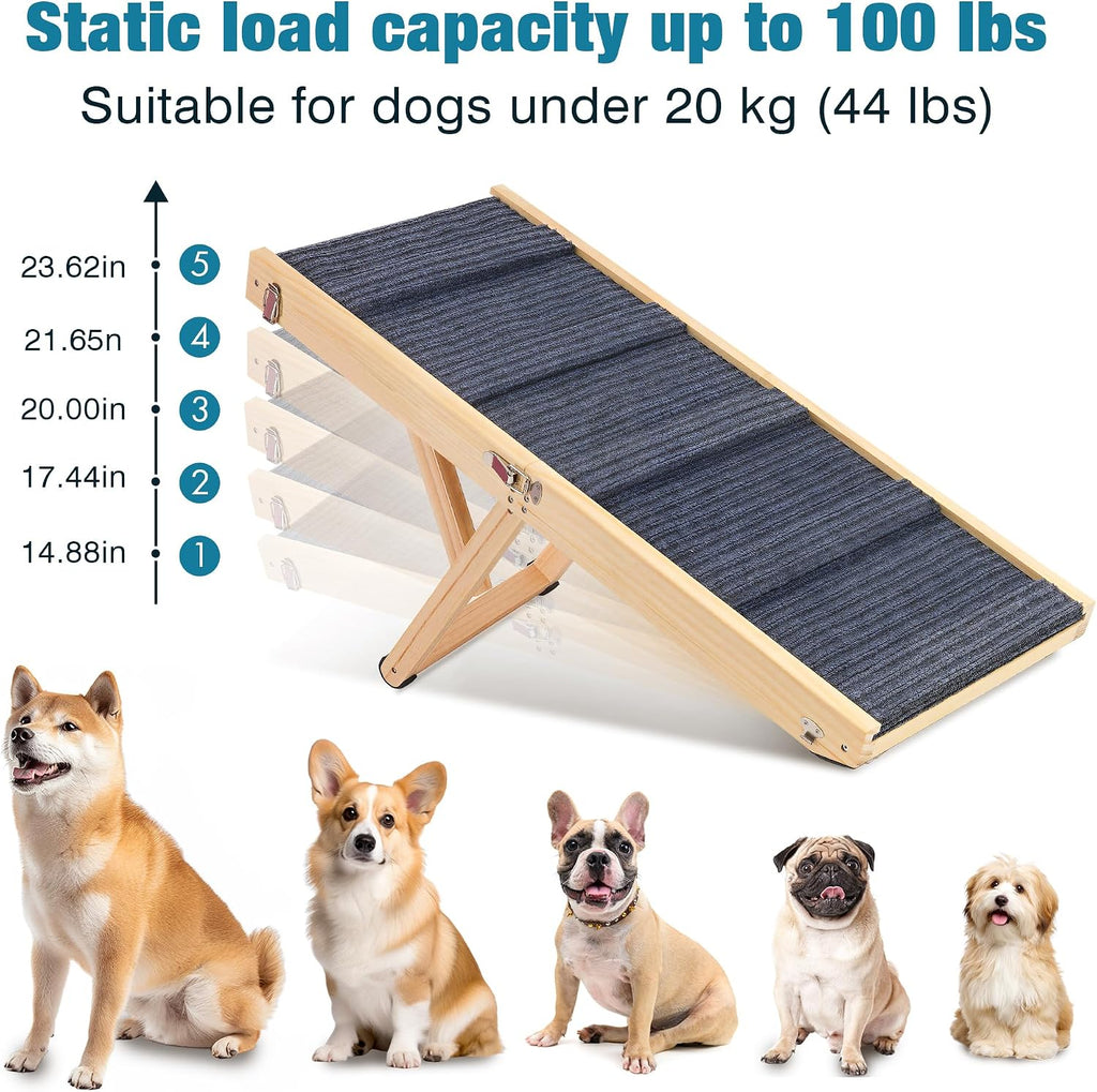 Dog Ramp for Bed, 24" H Adjustable Folding Ramp for Dogs to Get on Bed, Solid Wood Dog Ramps for Small & Medium Dogs